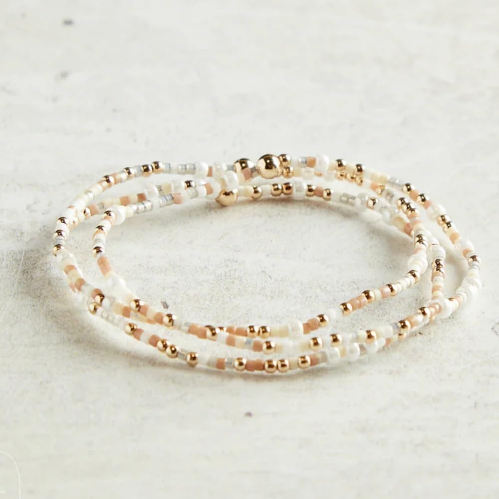 SHINUS BOHO Dainty Gold Plated Tiny White Rice Beaded Stack Bracelets Sets for Women,Stackable Small Beads Cute Bohemian Healing Stretch Trendy Ball Jewelry Friendship Gift Accessories