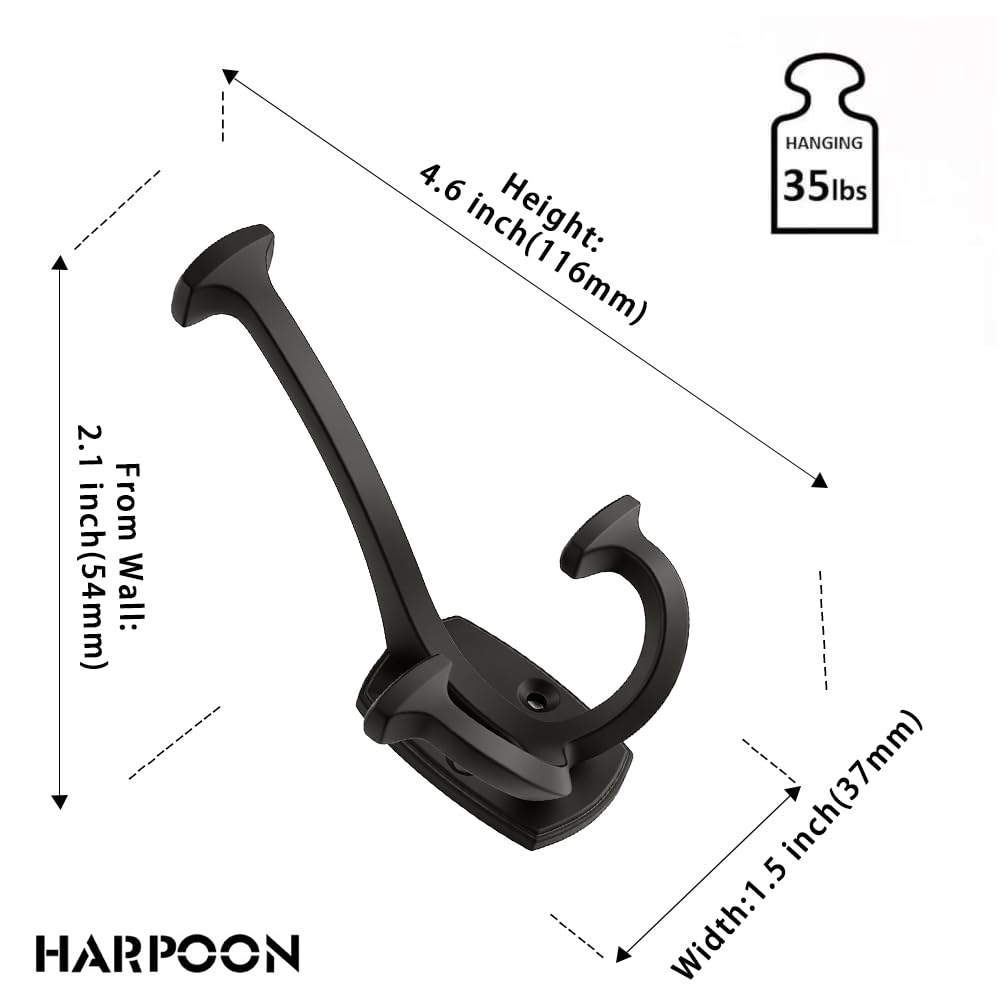 HARPOON Triple Prong Decorative Wall Hook | 3 Pack Matte Black Hook for Coat, Hats, Backpacks, Bags | Hooks for Bathroom, Bedroom, Closet, Entryway, Laundry Room, Office