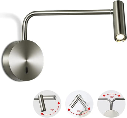 ZEROUNO Wall Mounted Reading Light Swing Arm Bedside Lamps for Bedroom Hardwired Sconces with Switch LED Mounted for Home Decor Wall Lighting Fixtures Indoor (Silver)