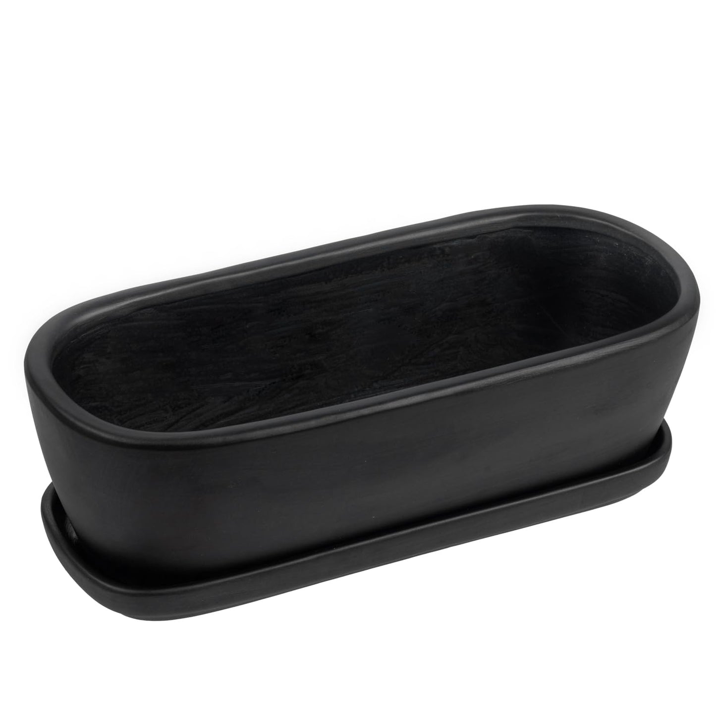 MyGift 14 Inch Oval Modern Matte Black Ceramic Succulent Planter Pot with Drainage Hole and Removable Saucer, Decorative Indoor House Plant Container for Flowers, Cactus, Herbs