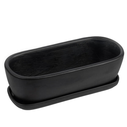 MyGift 14 Inch Oval Modern Matte Black Ceramic Succulent Planter Pot with Drainage Hole and Removable Saucer, Decorative Indoor House Plant Container for Flowers, Cactus, Herbs