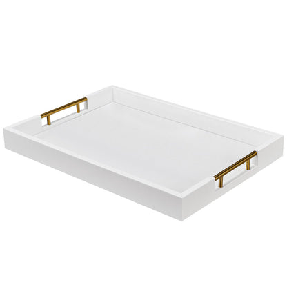 14x20 Inches White Faux Leather Wrapped Wood Serving Tray with Metal Handles for Various Occasions, Ottoman, Home Decor Decorative, Living Room, Coffee Table Organizer, Serving Breakfast On Bed