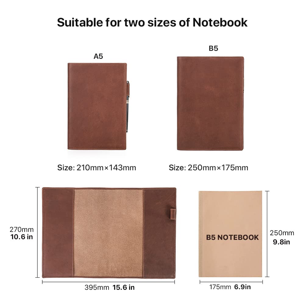 Hiram B5 Leather Notebook Cover, B5 Genuine Leather Journal Cover Diary Cover, 7.6in x 10.6 in Writing Notebook Cover,Handbook Cover, Planner Cover Leather
