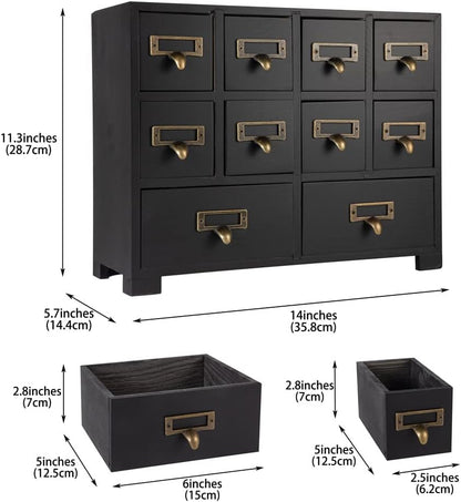 Apothecary Cabinet with 10 Drawers & Labels Rustic Library Card Catalog Cabinet Desktop Wooden Storage Box for Organize Herbal、Tea Bag、Jewelry (Black)