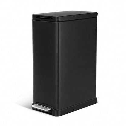 Home Zone Living 12 Gallon Slim Kitchen Trash Can with Soft Close Lid, Step Pedal, Bag Tuck Band, and Removable Liner, Stainless Steel, Black
