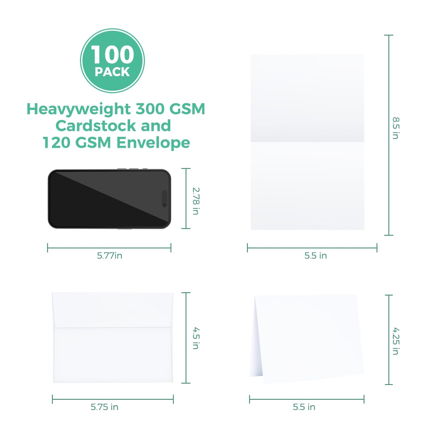 Ohuhu Blank White Cards and Envelopes 100 Pack - 4.25" x 5.5" Heavyweight Folded Cardstock and A2 Envelopes for DIY Greeting Cards Wedding Birthday Invitations Baby Shower Thank You Cards and More