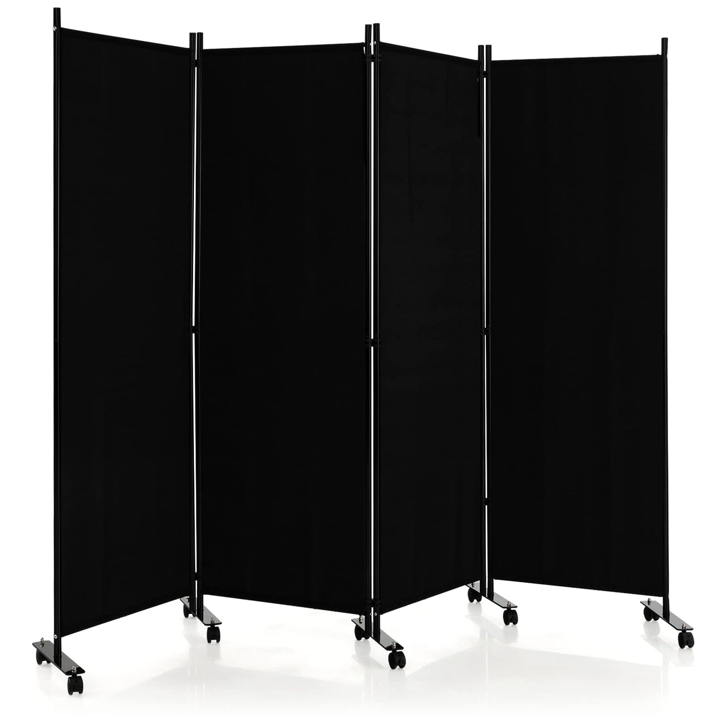 LDAILY 4 Panels Folding Room Divider, 6FT Tall Fabric Privacy Screen w/Metal Frame, Freestanding Partition Wall Divider w/Rolling Wheels for Bedroom, Dining Room, Office, Hospital (Black, 4-Panel)