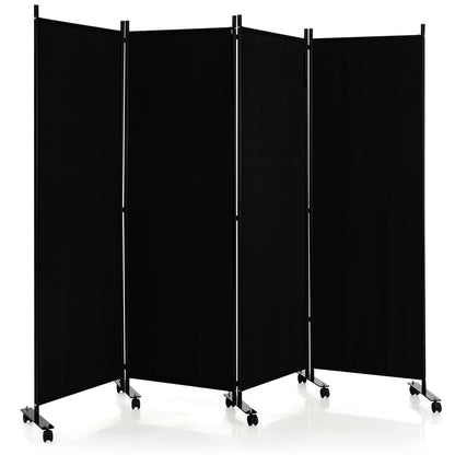 LDAILY 4 Panels Folding Room Divider, 6FT Tall Fabric Privacy Screen w/Metal Frame, Freestanding Partition Wall Divider w/Rolling Wheels for Bedroom, Dining Room, Office, Hospital (Black, 4-Panel)