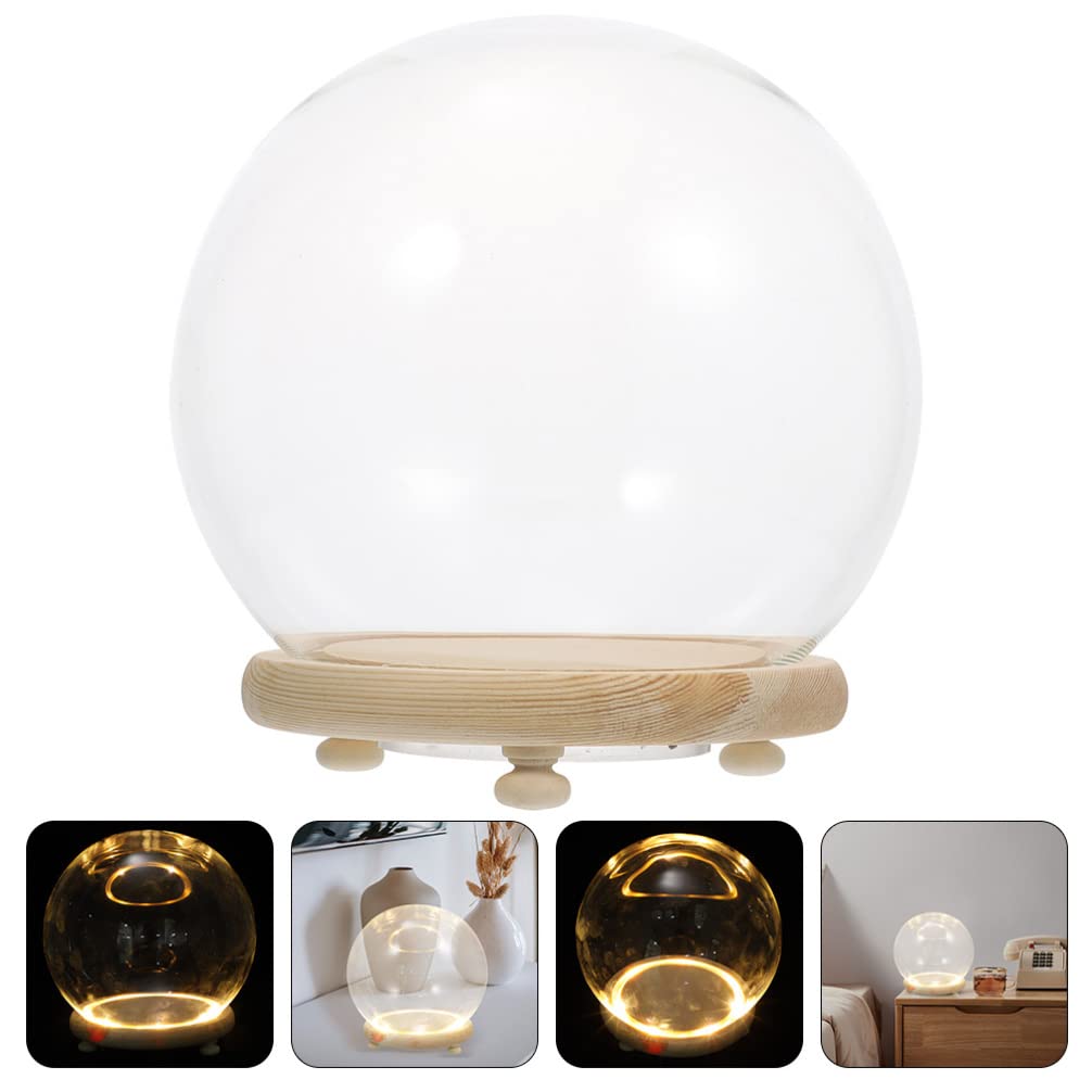 EXCEART Glass Dome with Wooden Base 4 Inch Clear Display Cover Ornament for Home Decor Featuring Led Lighted Preserved Flower Container Micro Landscape Display