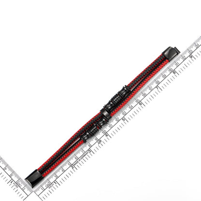 COOLSTEELANDBEYOND Mens Double-Row Black Red Braided Leather Bracelet Bangle Wristband with Black Stainless Steel Ornaments