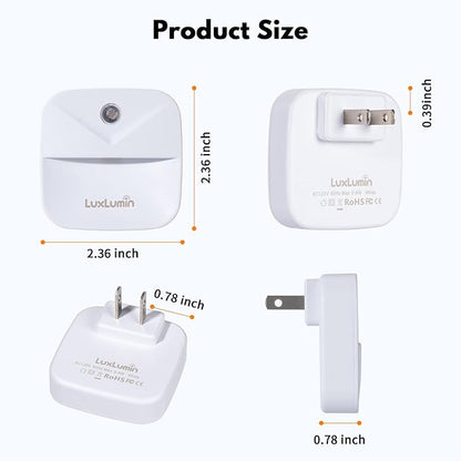 LuxLumin LED Night Lights Plug into Wall with Smart Dusk-to-Dawn Sensor, Automatically Turn on and Off,Night Light for Kids,Bedroom,Bathroom,Stairs,White, 4 Packs