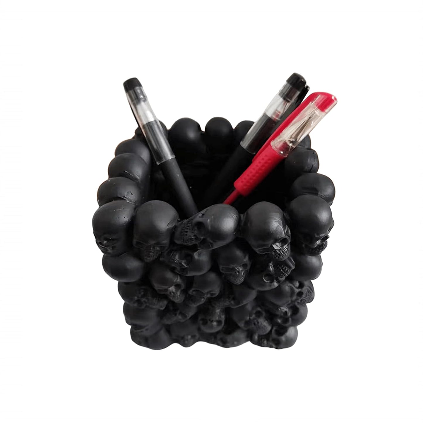 RURAUOGR Skull Pen Pencil Holder Makeup Brush Holder Toothbrush Holder Flower Pot Key Storage Resin Skeleton Home Office Halloween Decor (Black)
