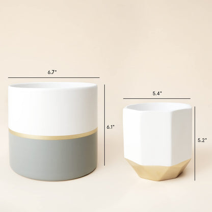 LA Jolie Muse White Ceramic Flower Pot Garden Planters 6.7 Inch Pack 2 Indoor Plant Containers with Gold and Grey Detailing