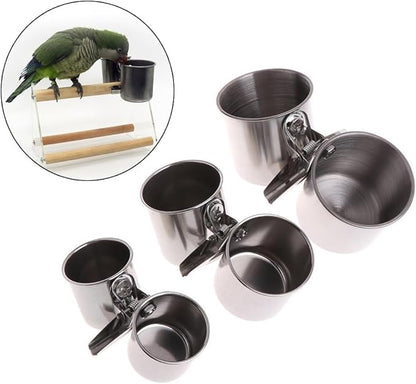 Bird Water Feeder Dishes Food Bowl for Cage Cups Clip On Perches Parrot Stainless Steel Birdcage Bowls with Clamp Toys for Small Birds