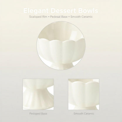 4 Pcs Ceramic Dessert Bowls Set, Elegant Scalloped Rim Pedestal Cups with 4 Spoons, 6.76 fl oz Small Dessert Bowls, Smooth Finish, Easy Clean, 4.5 x 3.5 in for Ice Cream, Snacks, Puddings, White