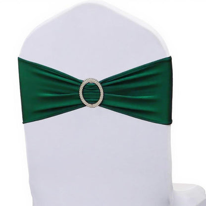JKDMJF Stretch Spandex Hunter Green Chair Sashes Bows 50 Pack - Universal Chair Bands with Silver Buckle for Wedding Party Engagement Banquets Bridal Shower Events Decorations