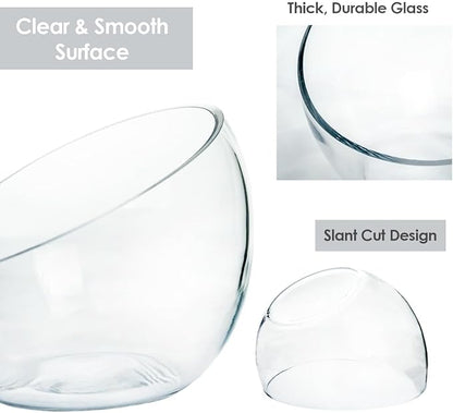 Slant Cut Bowl Glass, Glass Fish Bowl Vase, 6" Height x 7" Width Fruit Jar, Candy Dish, Clear Terraium, Flower Centerpiece