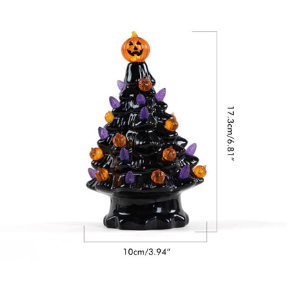 Halloween Ceramic Tree Decorations, Lighted Black Ceramic Tree with Glowing Pumpkin Lights Battery Powered Tabletop Lamp for Indoor Home Office Halloween Fall Decor, 3.94x6.81in