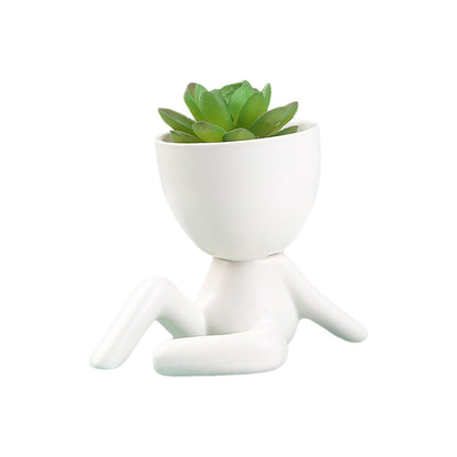 DIYOMR Cute Humanoid Ceramic Planter Pot, 3.6” Tall White Doll Small Succulent Bonsai Pots Cactus Container Creat Design for Home Office Desktop Decor, Not Include Plants(White C)