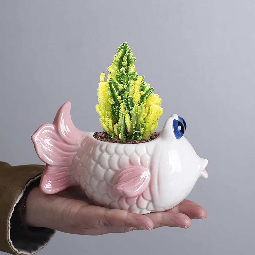 DIYOMR Tropical Fish Ceramic Planter, 5.8 Small Flower Pot Decoration Desktop Windowsill Decor,Indoor Outdoor Succulent Cactus Pot for Plant Lover (Pink)