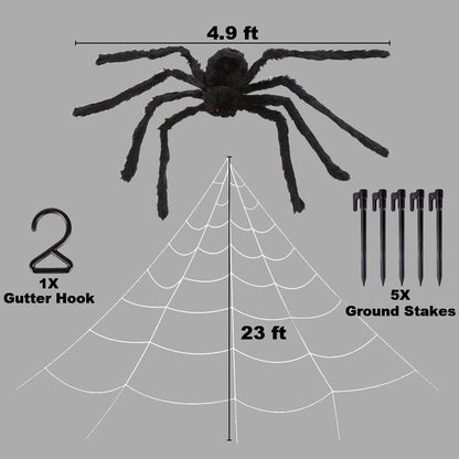 Giant Hairy Spider with Triangle Huge Spider Web for Indoor Outdoor Halloween Decoration Yard Lawn Home Party Haunted House Decor