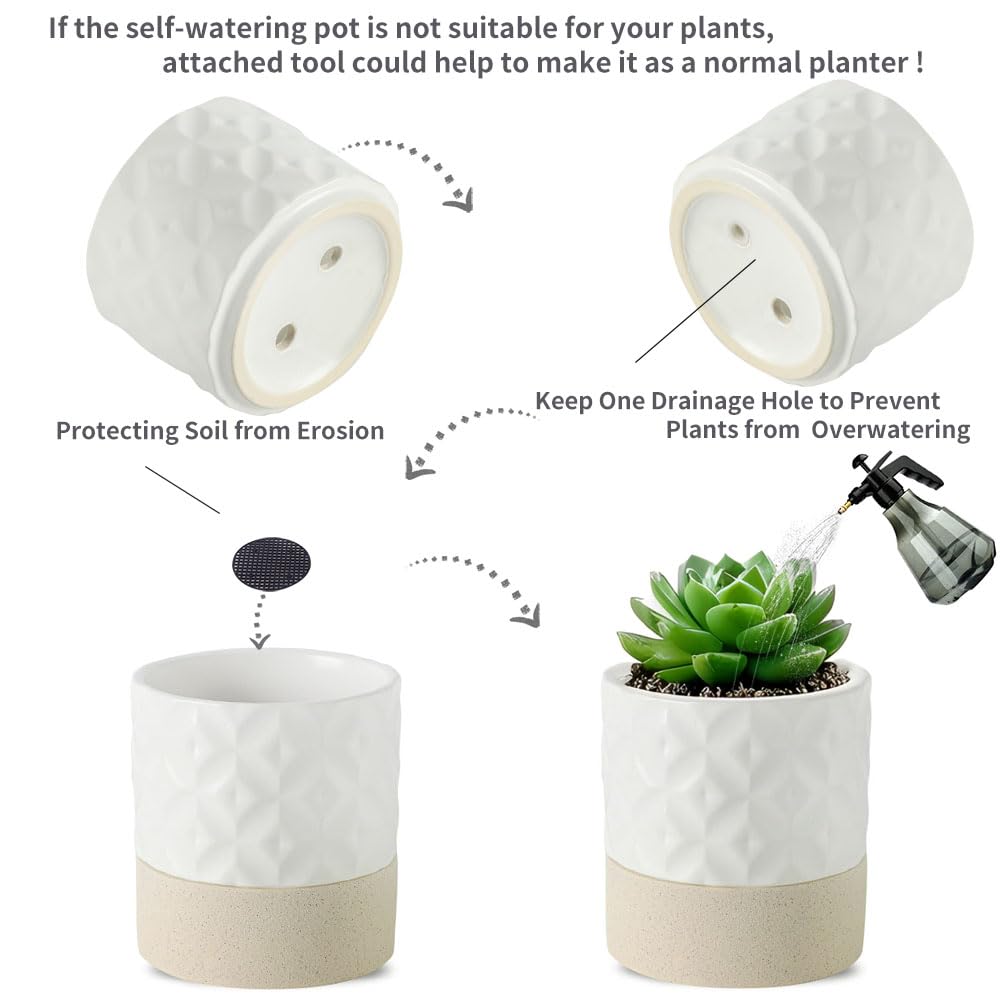 Nihow Self Watering Plant Pot: 4.5 Inch Ceramic Planter with Drainage Hole & Water Storage Plus for Indoor & Outdoor Plants - Cylinder Flower Pot for Herbs/Violets - Matte White & Brown Star