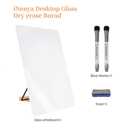 iNenya Glass White Board with Stand,Magnetic Mini Dry Erase Board for Desk,Small Desktop Whiteboard with Solid Wood Bracket