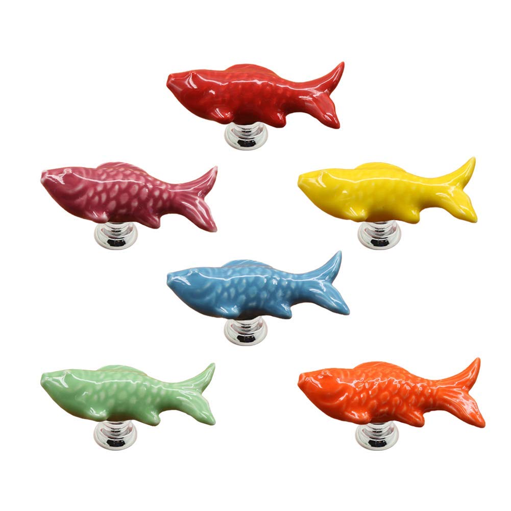 EleCharm Ayygift 6pcs Creative Cute Fish Cupboard Door Pull Handles Drawer Knobs Cabinet Ceramic