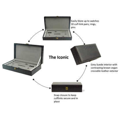 Decorebay Iconic Vegan Crocodile Leather Cufflink, Ring Storage Box and Organizer