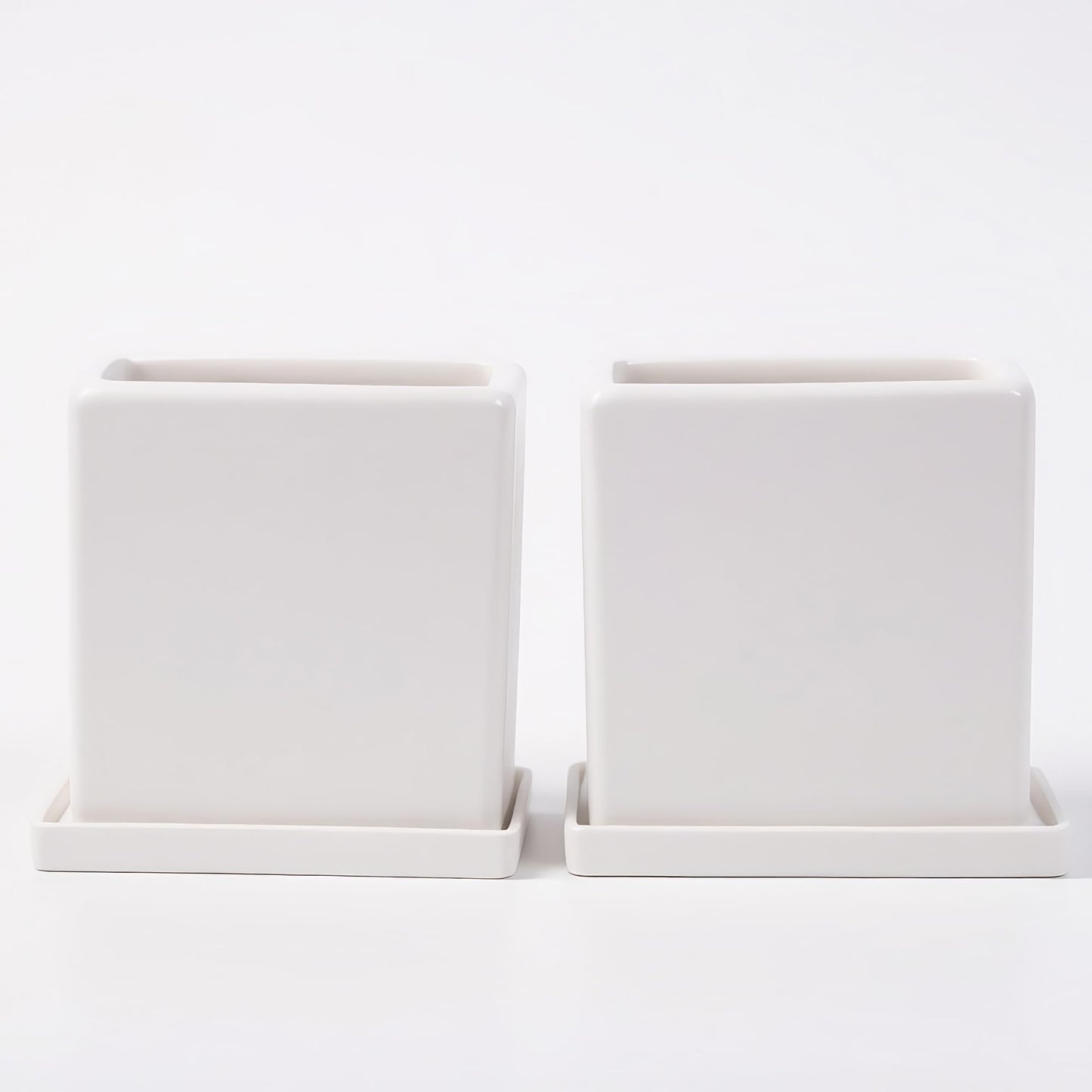 White Ceramic Plant Pots with Saucers, 6 Inch Square Planter Pots Set of 2, Modern Minimalist Medium Flower Pots for Indoor Plants, Snake Plants, Monstera, Home Decor