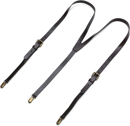 RC ROCKCOW Brown Leather Suspenders for Men Wedding Vintage Y Back Suspenders Tagger Snaps Wedding Party Best Groomsmen Gifts