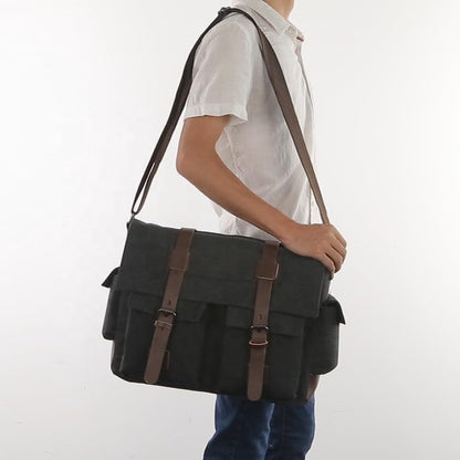 viatra Canvas Leather Messenger Bag for Men and Women, Vintage Crossbody Shoulder Bag, Fits up to 17.3 In Laptop (Brown)