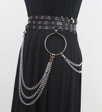 HUI GUO Women's Gothic Body Chain Belt Leather Punk Waist Belt with O-ring Metal Chain Tassel Adjustable Buckles(Black3), One Size
