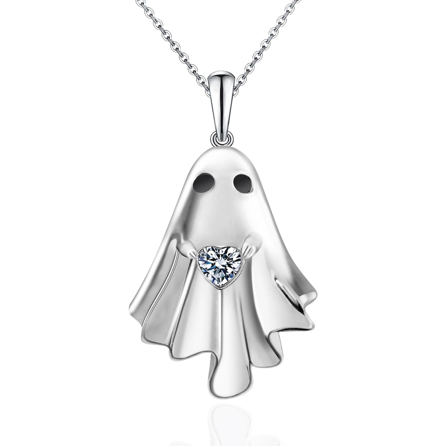 Halloween Ghost Necklace for Women S925 Sterling Silver Spooky Ghost Pendant With Heart Cz for Women Halloween Jewelry Gift