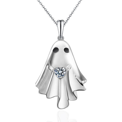 Halloween Ghost Necklace for Women S925 Sterling Silver Spooky Ghost Pendant With Heart Cz for Women Halloween Jewelry Gift