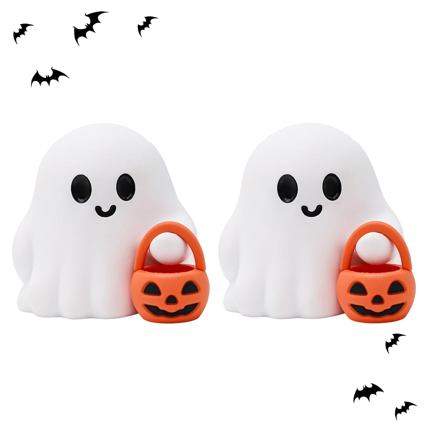 2 Pcs Halloween Ghost Figurine Cartoon Cute Spooky Carrying Pumpkin Basket Desk Display Ornament Tiny Trick or Treat Ghost Resin Halloween Statue for Home and Office Tabletop Decor Supplies