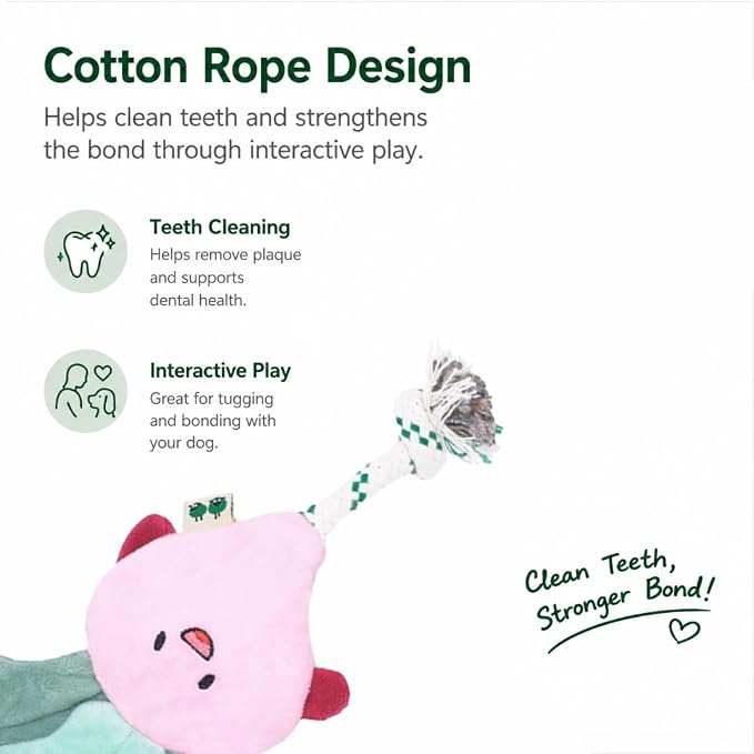 Green Sheep Interactive Plush Dog Toy, No Stuffing Squeaky Toy with Recycled Cotton Rope for Medium to Large Dogs,Radish