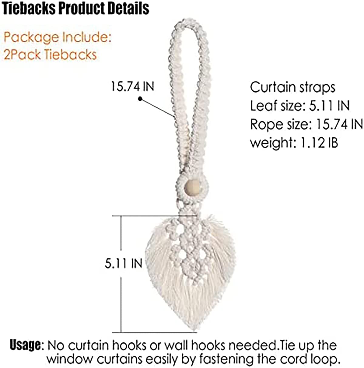 2Pack Curtain Tiebacks Handmade Holdbacks - Farmhouse Curtain Tie Back Holder by Hand-Woven Cotton Rope, Bohemian Home Decor Drapery Holdback