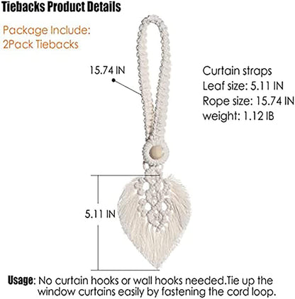 2Pack Curtain Tiebacks Handmade Holdbacks - Farmhouse Curtain Tie Back Holder by Hand-Woven Cotton Rope, Bohemian Home Decor Drapery Holdback