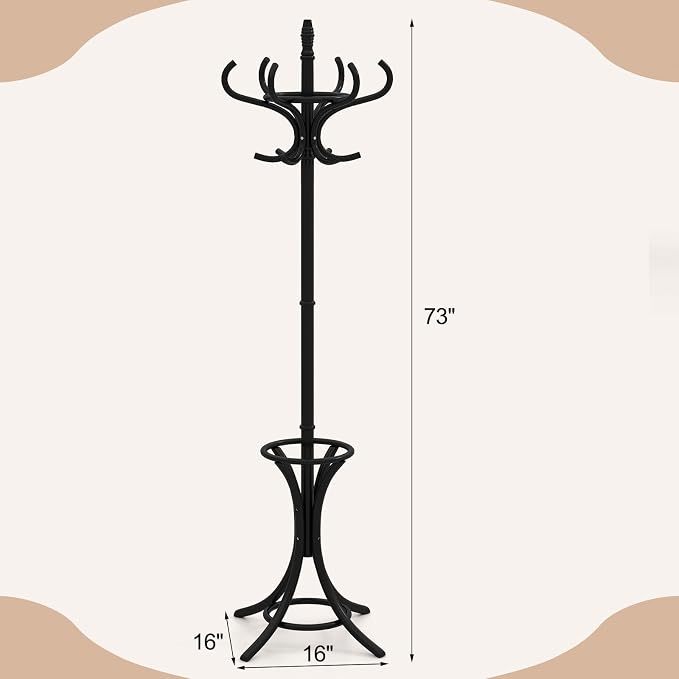 Giantex Solid Wood Coat Rack, Freestanding Hall Tree w/12 Hooks, Umbrella Holder, Entryway Hanger Stand for Coat, Hats, Scarves, Bags, Wooden Garment Rack for Bedroom, Hallway (Black)