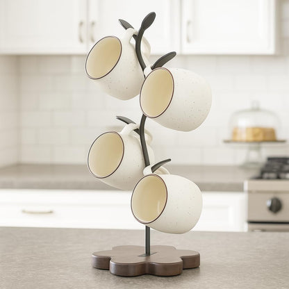 Bellglee Mug Tree for Coffee Cups – Rustic Mug Holder Stand with 4 Hooks, Countertop Cup Rack for Coffee Bar & Kitchen Organization