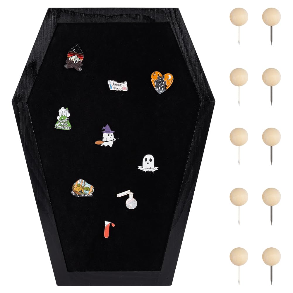 PH PandaHall Coffin Felt Bulletin Board 10.6x14.5 inch Coffin Pin Display Board Black Wooden Gothic Letter Boards with Drawing Pins for Home Office School Halloween Decor Spooky Bulletin Boards
