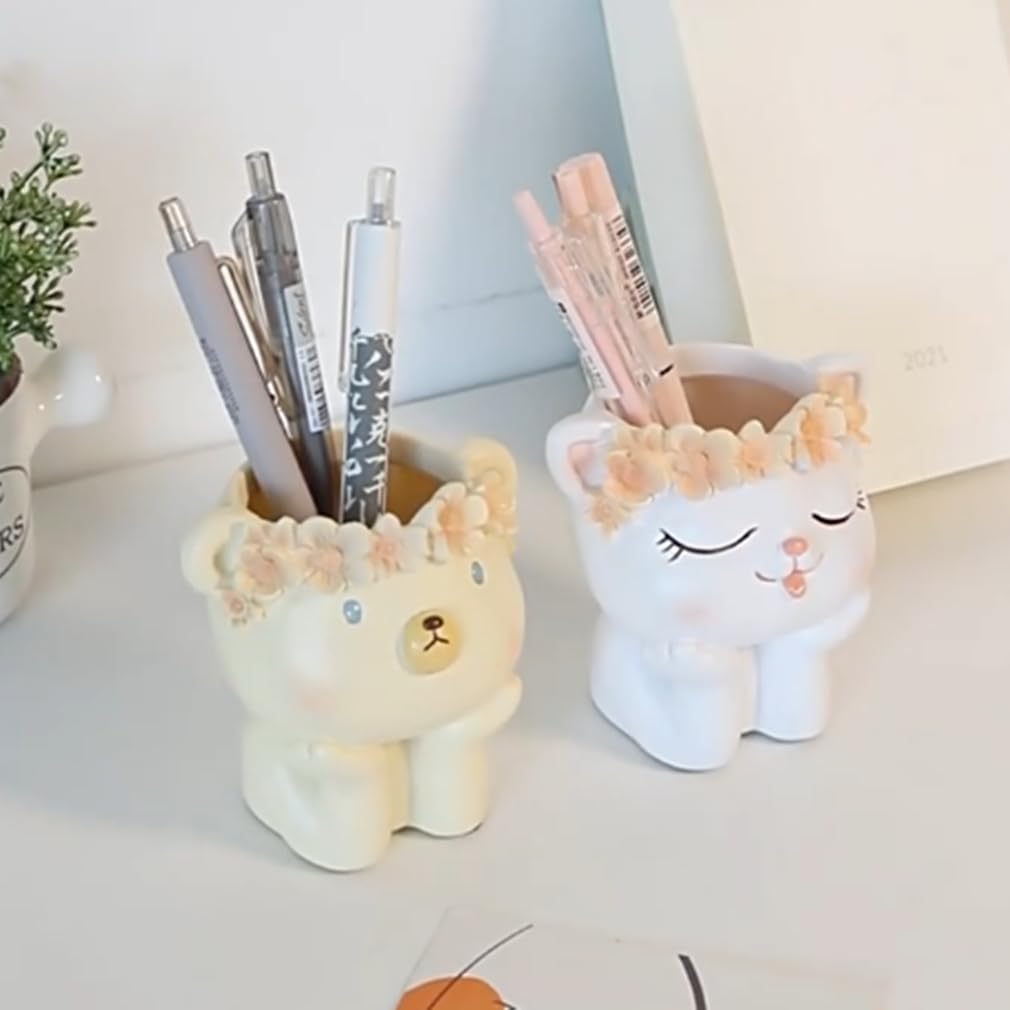 SPEALLOY Mini Fantasy Zoo Resin Pots Set - Floral Crown Cat & Sheep Succulent Planters w/Drainage Holes (3.5"x2.8"x3.5")
