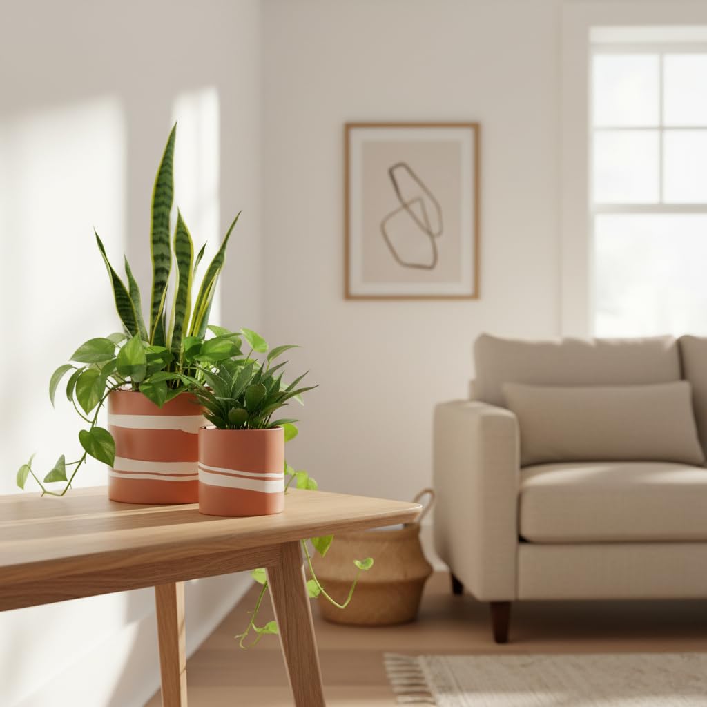 Nihow Modern Ceramic Plant Pot - 5 + 7 Inch Flower Pot for All Indoor Plants - Sturdy Planter Pots with Drainage Hole & Rubber Plugs - Semi-Matte Terracotta & Nature - Plants Not Included