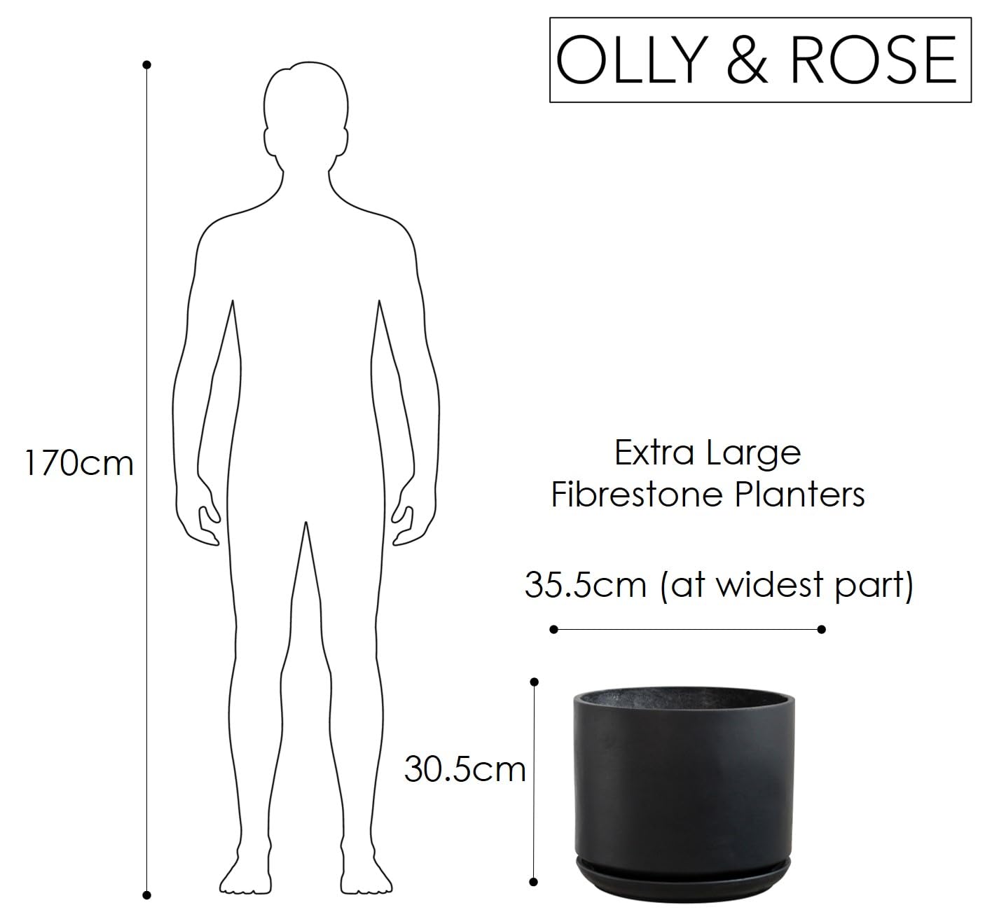 Olly & Rose Large Matt Black Plant Pot 14 Inch Extra Large Fibre Planter with Saucer - Large Indoor and Outdoor Plant Pot