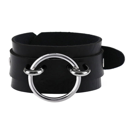 Tosmifairy Black Wide Soft Faux Leather Collar Choker Adjustable Thick PU Necklace and Bracelets Set for Women Men,Circle Ring Charm (Adjusted Neck: 17-21 Inches)