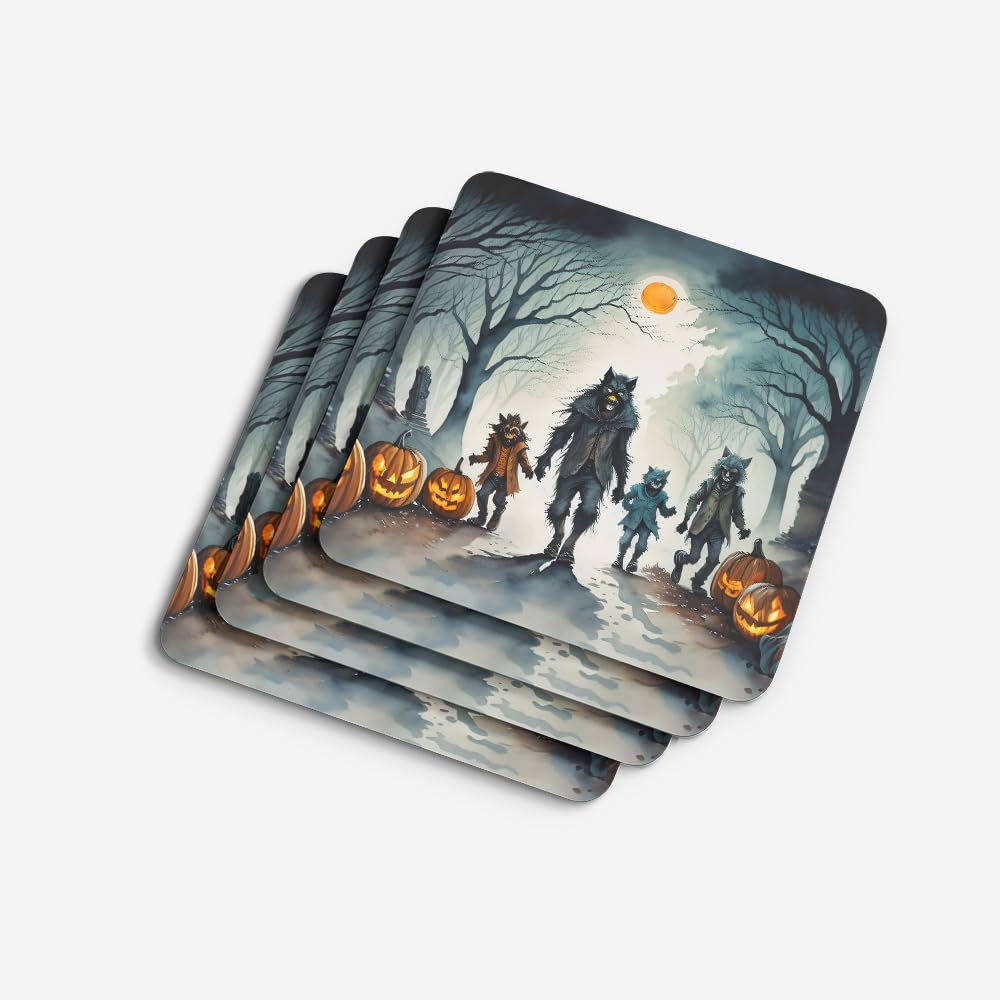 Caroline's Treasures Werewolves Spooky Halloween Foam Coaster Set of 4 Cup Coasters for Indoor and Outdoor, Coaster for Tabletop Protection, Anti Slip, Mouse pad Material