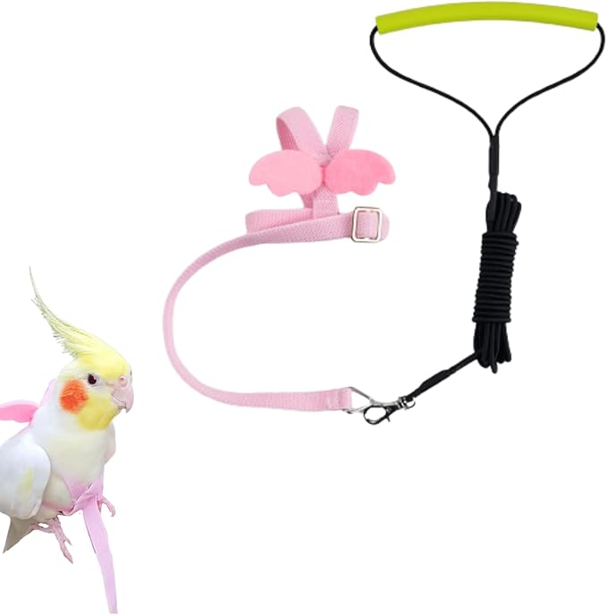 Pet Parrot Bird Harness and Leash, Adjustable Training Design Anti-Bite, Bird Nylon Rope with Cute Wing for Lovebird Budgie African Grey Macaw Conure (Pink,L)