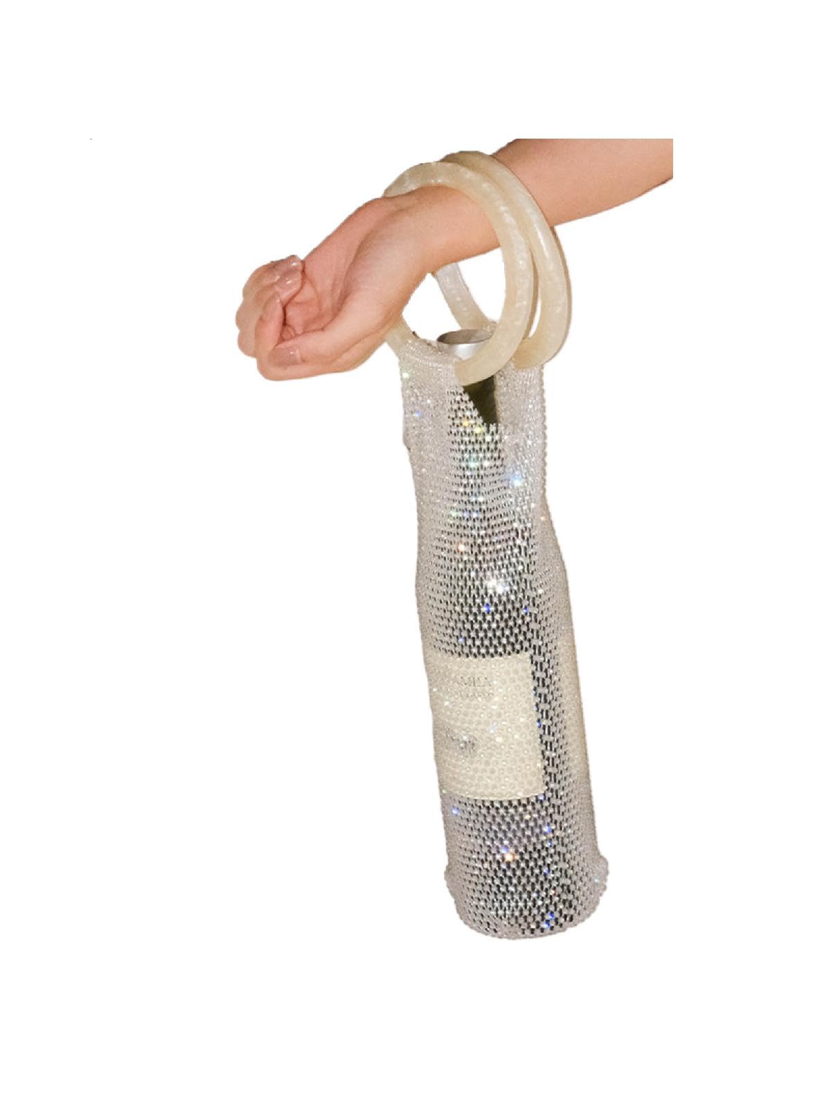 URTERYSER Stylish Resin Handle Wine Pouch Mesh And Embedded Rhinestones Bottle Holder Versatile Insulation Cup Bag For Daily Use Elegant Marble Handle Bag (White)