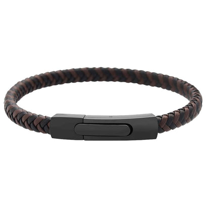 Geoffrey Beene Men's Braided Genuine Leather Fashion Bangle Bracelet with Stainless Steel Clasp (Brown)